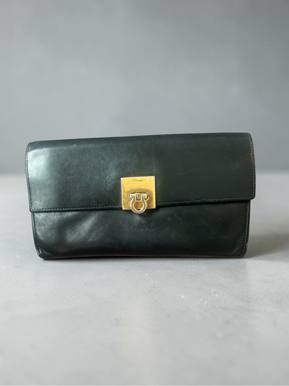 Vintage Salvatore Ferragamo Black Leather Gancini Clutch Wallet